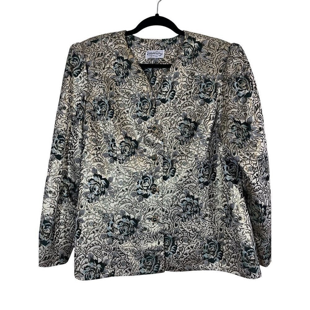 Katherine Lindsay Jacket L Green Floral Metallic Vintage Preppy Old Money Glam